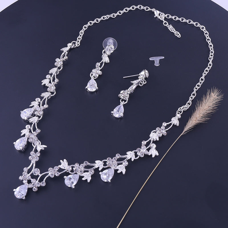 Luxury Sliver Plated Rhinestone Crystal Faux Pearl Necklace Earrings Jewelry Set for Bride Wedding - Sabreeonline