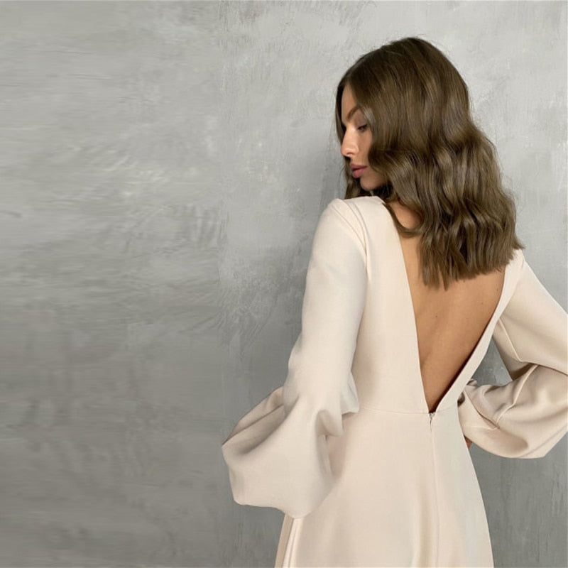 Backless Midi Dress Lantern Sleeve O-Neck - Sabreeonline