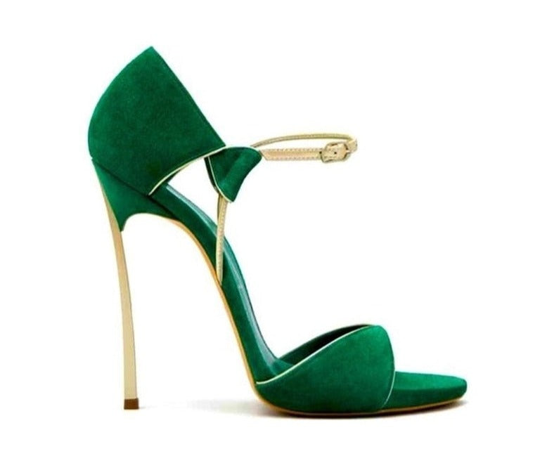 Ankle Buckle Green Sandals Metal Heels - Sabreeonline