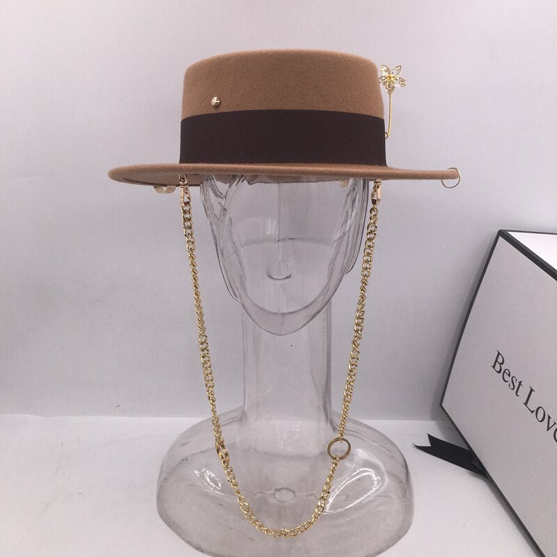 British Flat Top Hat Chain Strap and Pin Fedoras - Sabreeonline