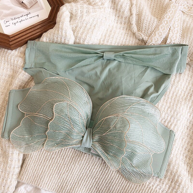 Wriufred Gathered bowknot embroidered bra set mesh gauze no steel ring sexy half-cup pull-up underwear set sexy lingerie - Sabreeonline