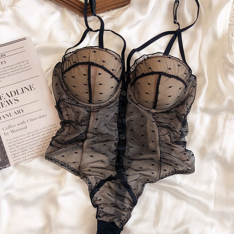 Polka dot lace sexy one-piece underwear set thin section big breasts show small gather bra perspective hot lingerie bodysuit - Sabreeonline