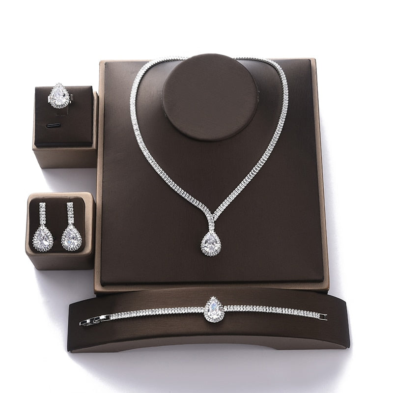 Gorgeous Women Wedding Party Jewelry Necklace Bracelet Earring and Ring Set - Sabreeonline