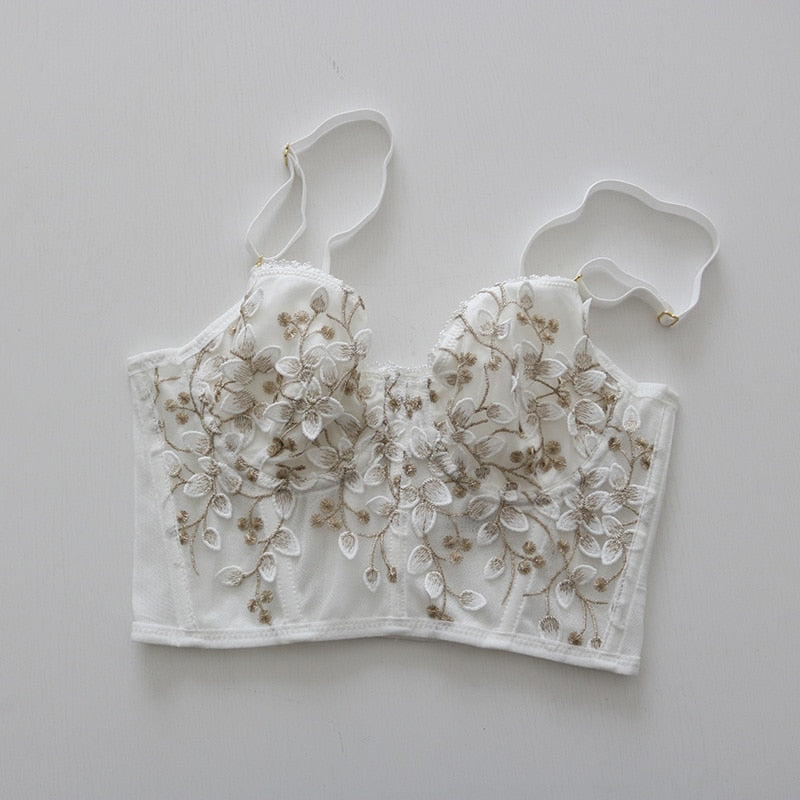 Three-dimensional embroidered bra sexy lace fish bone corset widened breasted with steel ring 2/1 half cup bralette underwear - Sabreeonline