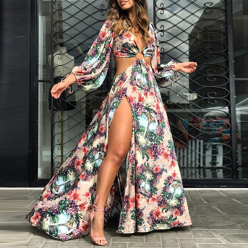 Floral Print Cutout Thigh Slit Maxi Dress - Sabreeonline