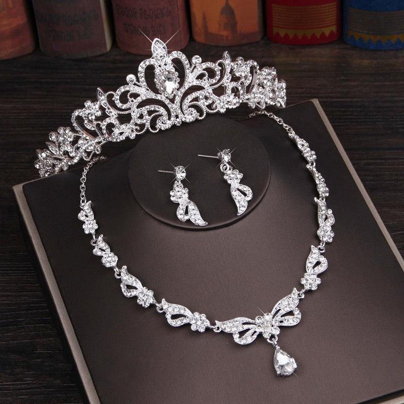 Crystal Butterfly Bridal Jewelry Sets Necklace Earring Tiara Set Wedding Hair Ornaments - Sabreeonline