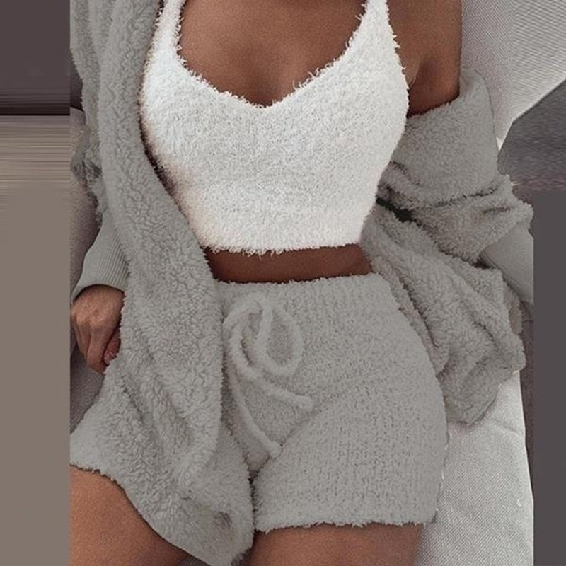 Three Piece Sexy Fluffy Outfits Plush Velvet Hooded Cardigan - Sabreeonline