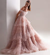 Dusty Pink Long Sweetheart Crumpled Tulle Ruffles Dress - Sabreeonline