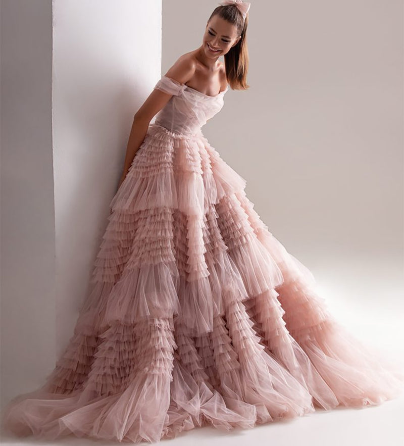 Dusty Pink Long Sweetheart Crumpled Tulle Ruffles Dress - Sabreeonline