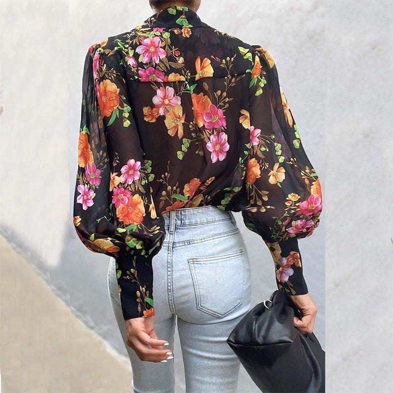 Spring Fall Puff Sleeve Shirts Blouse Women Floral/Leopard Long Sleeve Lapel Buttons Vintage Shirts Elegant Blouses Tops Female - Sabreeonline