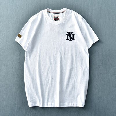 Summer American Style Short Sleeve O-neck Solid Color Embroidered T-shirt Men's Fashion Simple Pure Cotton Washed Old Casual Top - Sabreeonline