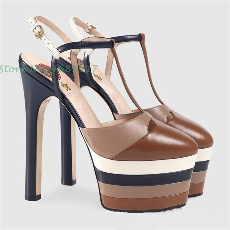 Striped Platform Heel Sandals Women Printed Red Lips Buckle Strap Funky Pumps Round Toe Super High Stiletto Heels Summer Sandals - Sabreeonline