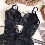 Wriufred Sexy lace one-piece underwear gathers the breast milk adjustment type anti-sagging bra set perspective body shaping - Sabreeonline