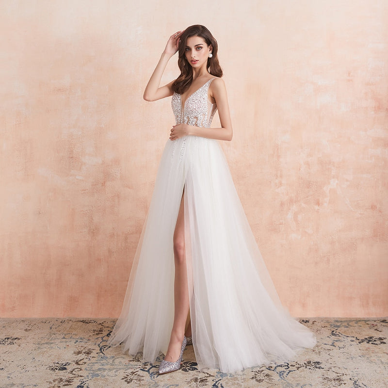 White Ivory Sexy High Splits Beaded Beading Pearls Crystal A Line Backless