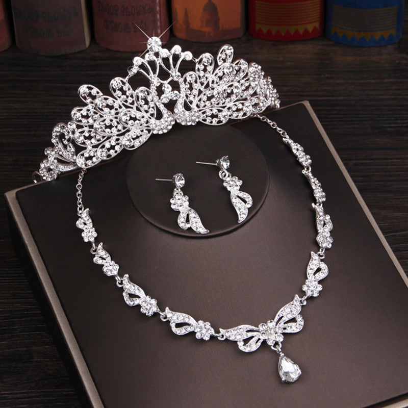 Crystal Butterfly Bridal Jewelry Sets Necklace Earring Tiara Set Wedding Hair Ornaments - Sabreeonline