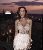 High Quality Pink White Feathers Rayon Bandage Dress Elegant Night Club Party Dress Vestidos - Sabreeonline
