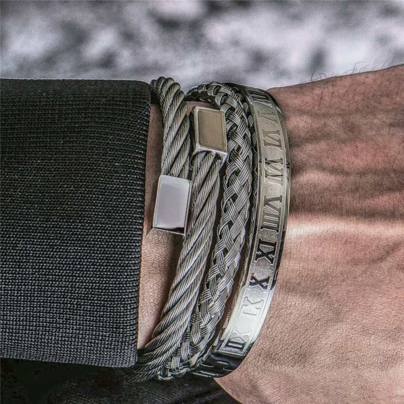 Luxury Roman Number Charm Woven Stainless Steel Bracelet for Men Jewelry - Sabreeonline