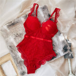 Wriufred Less ladies underwear gathered thickened bra sexy lace transparent sling bodysuit hollow beautiful back lingerie set - Sabreeonline