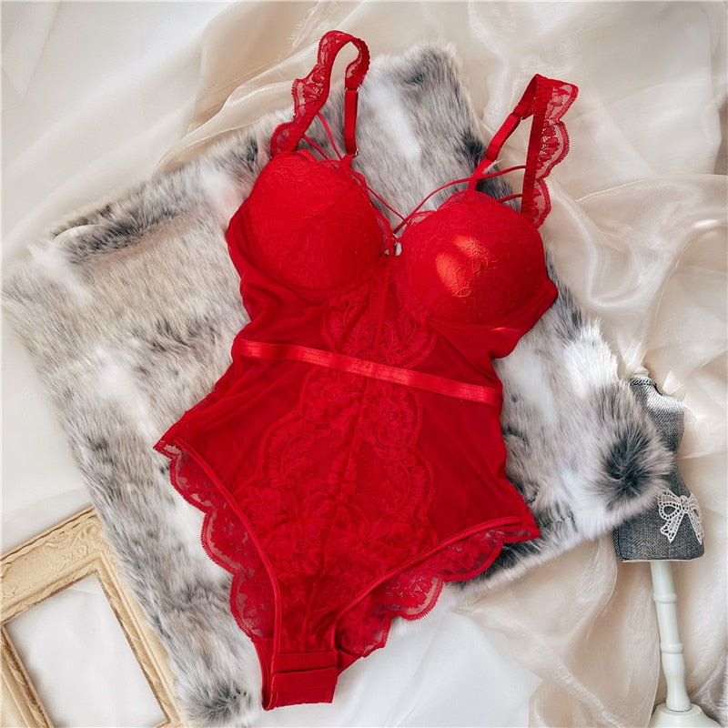 Wriufred Less ladies underwear gathered thickened bra sexy lace transparent sling bodysuit hollow beautiful back lingerie set - Sabreeonline