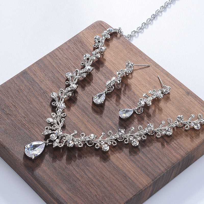 Crystal Gold Tiara Crown Earrings Necklace Wedding Bride Luxury Jewelry Set - Sabreeonline