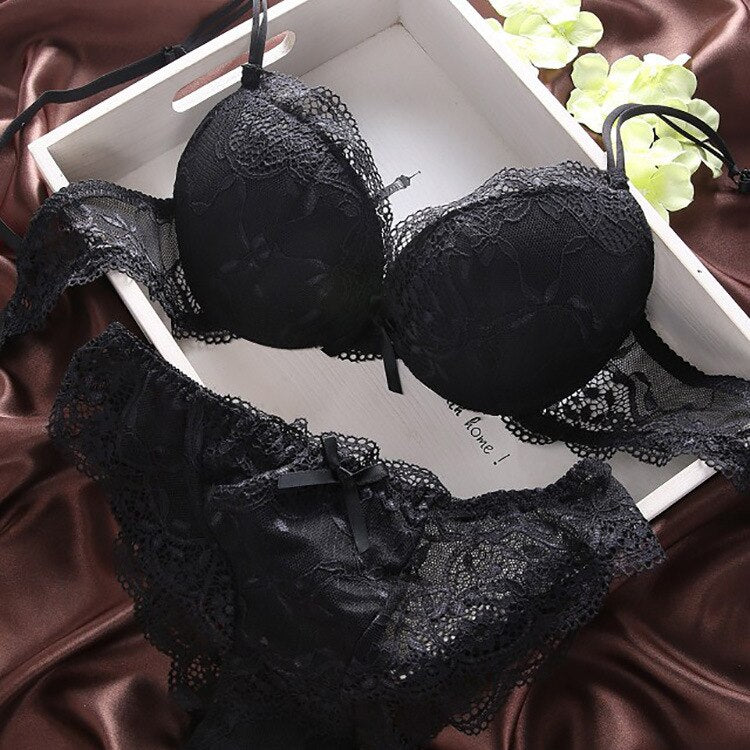 European Style Sexy Bra Set Women Cotton Underwear Sexy Lace Panties Female Push Up Brassiere Fashion Solid Color Lingerie Set - Sabreeonline
