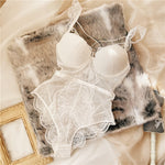 Wriufred Less ladies underwear gathered thickened bra sexy lace transparent sling bodysuit hollow beautiful back lingerie set - Sabreeonline