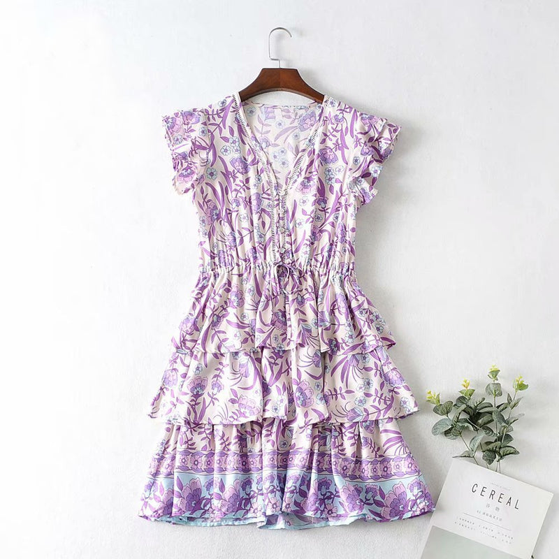 Bohemian Cotton Floral Print Ruffles Dress - Sabreeonline