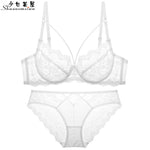 Ultra-thin hollow lace sexy bra and panty set large size C D E cup underwear transparent ladies bra - Sabreeonline
