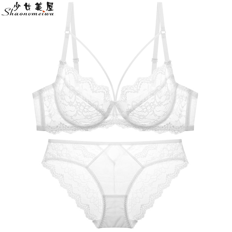 Ultra-thin hollow lace sexy bra and panty set large size C D E cup underwear transparent ladies bra - Sabreeonline