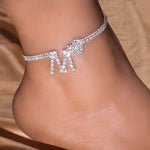 Letter Heart Rhinestone Anklet Chain Double Layer - Sabreeonline
