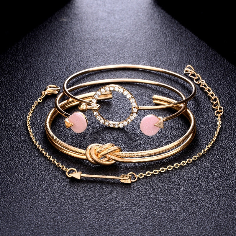Modyle Classic Arrow Knot Round Crystal Gem Multilayer Adjustable Open Bracelet Set Women Fashion Party Jewelry Gift - Sabreeonline