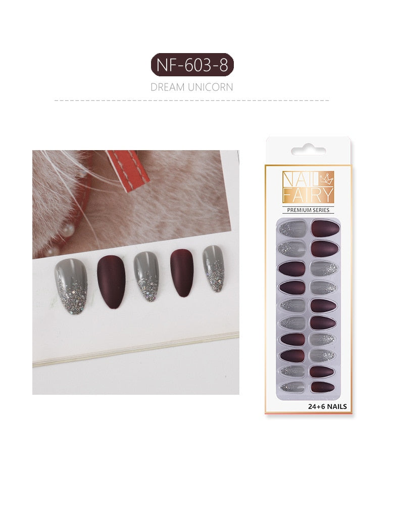 Set Shiny Matte Nail Tips with Designs Reusable Press - Sabreeonline