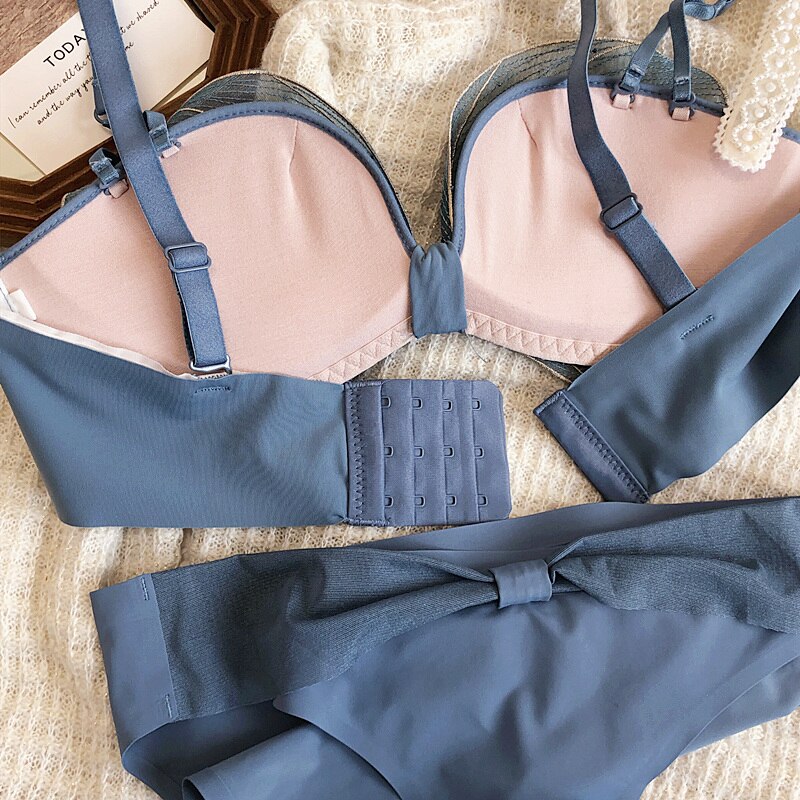 Wriufred Gathered bowknot embroidered bra set mesh gauze no steel ring sexy half-cup pull-up underwear set sexy lingerie - Sabreeonline