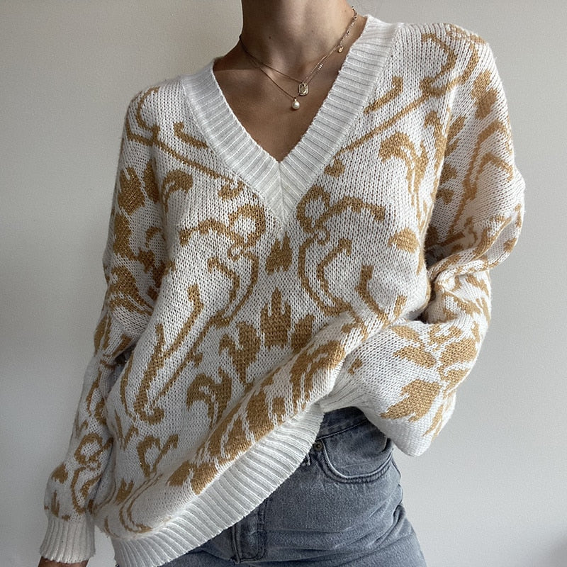 Print V-neck Sweaters Loose Causal