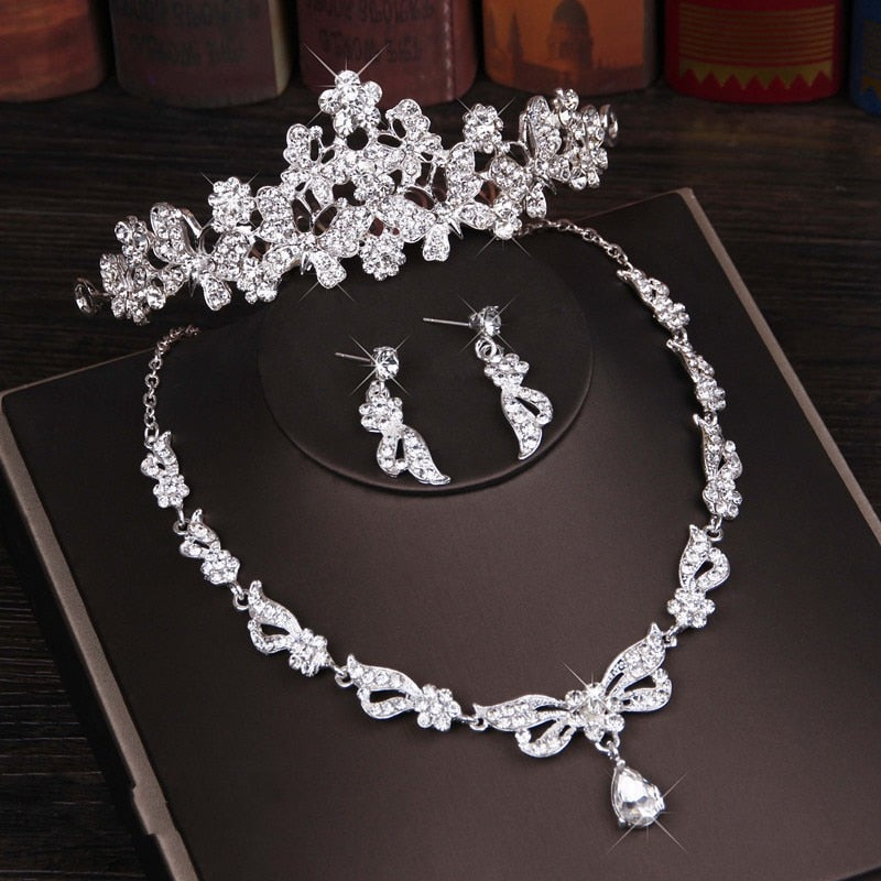 Crystal Butterfly Bridal Jewelry Sets Necklace Earring Tiara Set Wedding Hair Ornaments - Sabreeonline