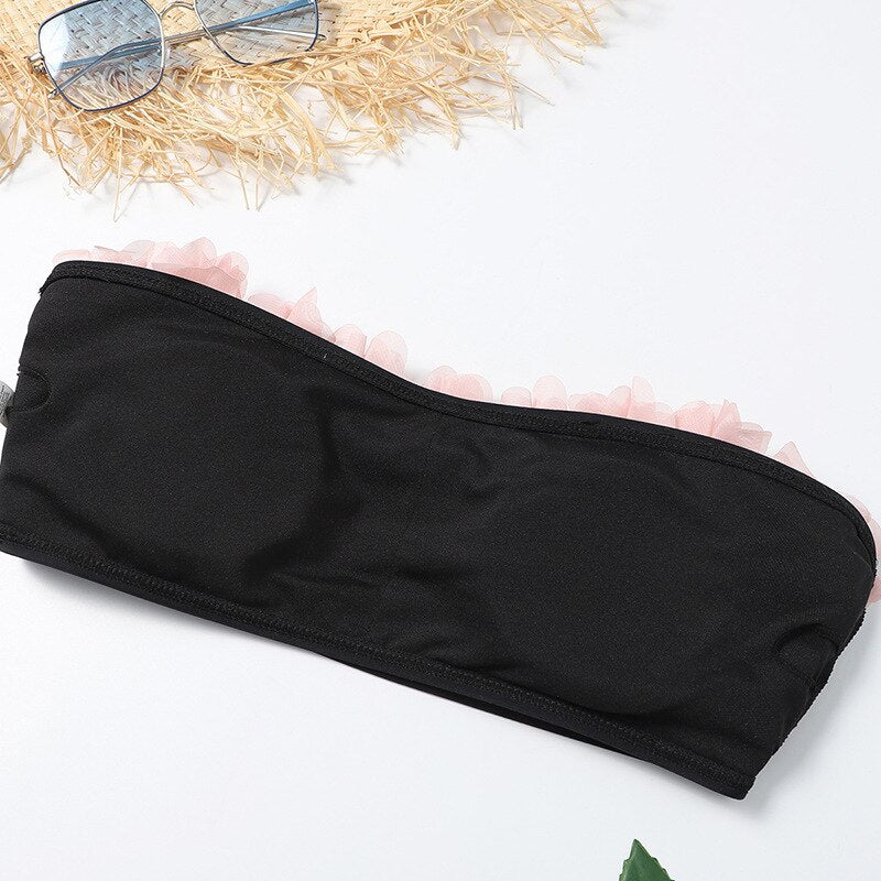 Woman Two Piece Strapless Bikini Swimsuit Solid Swimwear Sexy 3D Flowers Bikini Set High Waist Push up Biquini - Sabreeonline