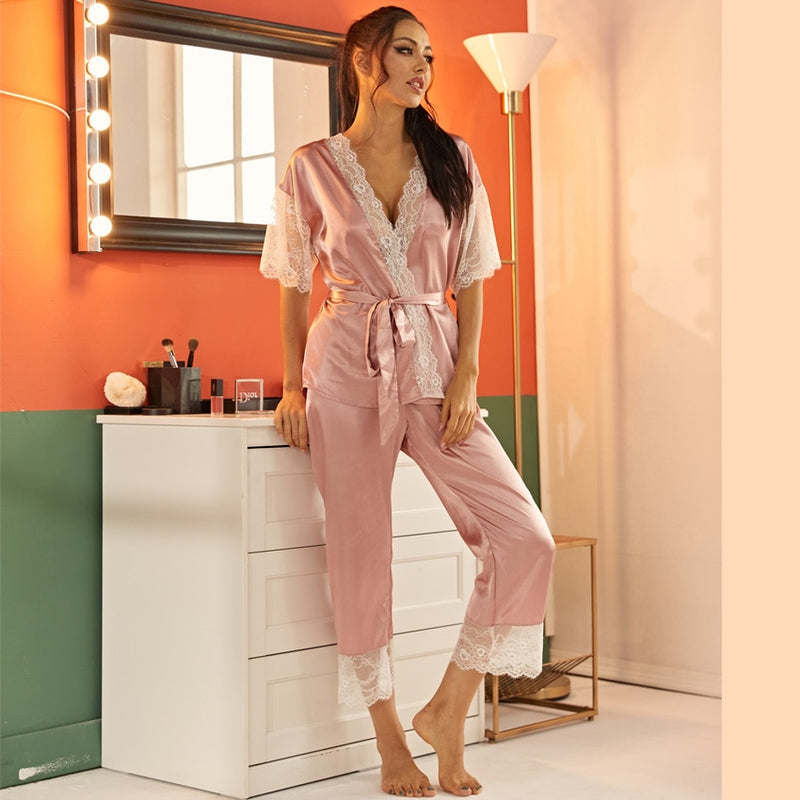 Belted Satin Top Long Pants Sleepwear Pajamas Set