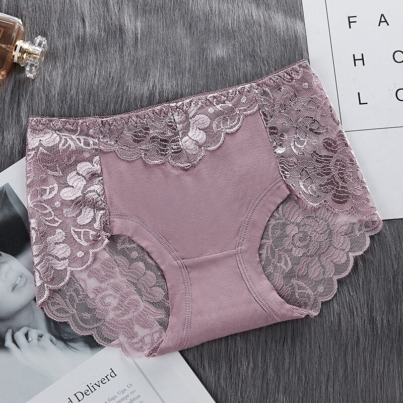 Women's Cotton Underwear Panties Sexy Lace Mid-Waist Hollow Female Briefs Hip Lift Underpants For Lady Plus Size Lingerie ssy58 - Sabreeonline