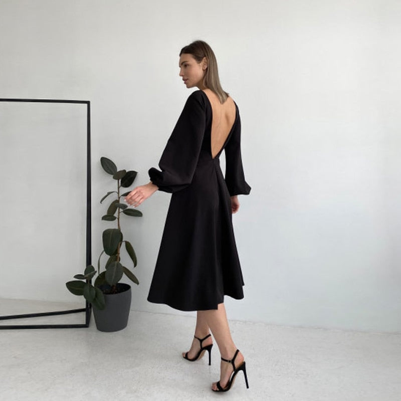 Backless Midi Dress Lantern Sleeve O-Neck - Sabreeonline