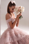 Dusty Pink Long Sweetheart Crumpled Tulle Ruffles Dress - Sabreeonline