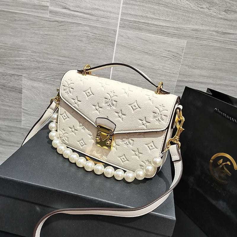 High Quality Embossing Handbag Pearl Strap. - Sabreeonline