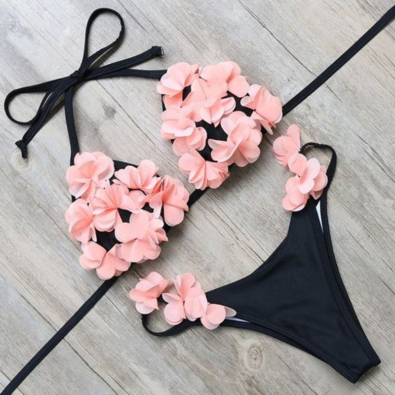 Solid Black Swimsuit Women Low Waist Bikini Set with Flower Decoration Beach Swimwear Bathing Suit S-XL - Sabreeonline