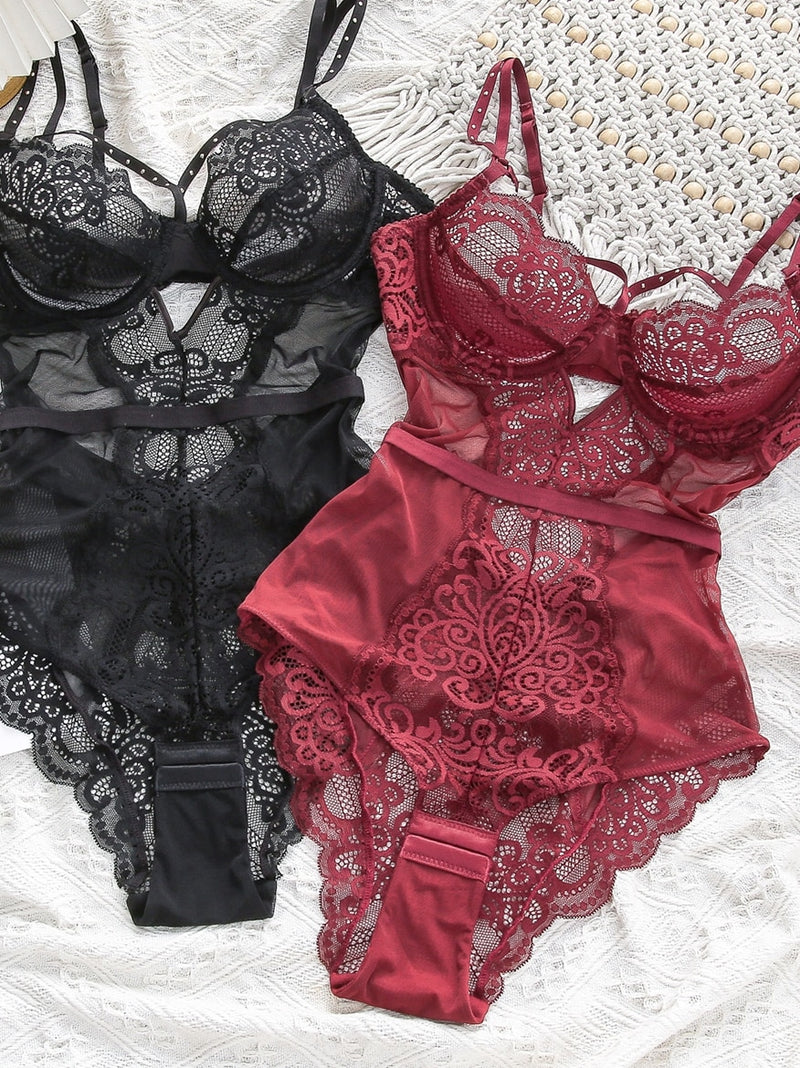 Retro charming red one-piece underwear women confused lace rivet gathered bra bridal wedding suit bodysuit lingerie sets - Sabreeonline
