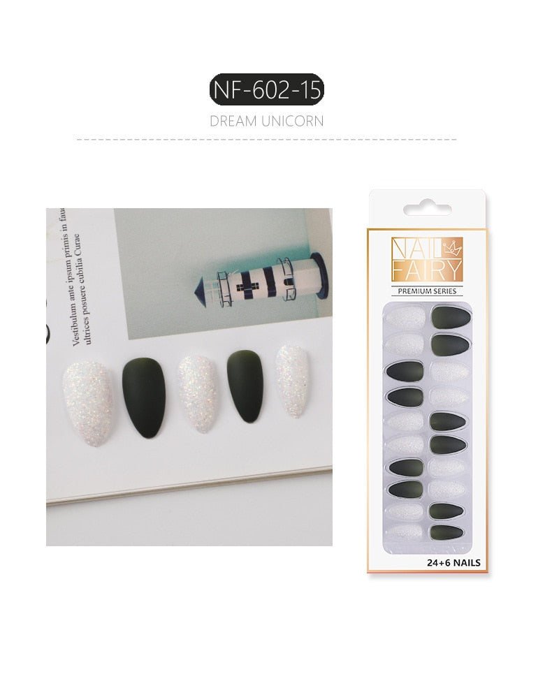 Set Shiny Matte Nail Tips with Designs Reusable Press - Sabreeonline