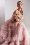 Dusty Pink Long Sweetheart Crumpled Tulle Ruffles Dress - Sabreeonline