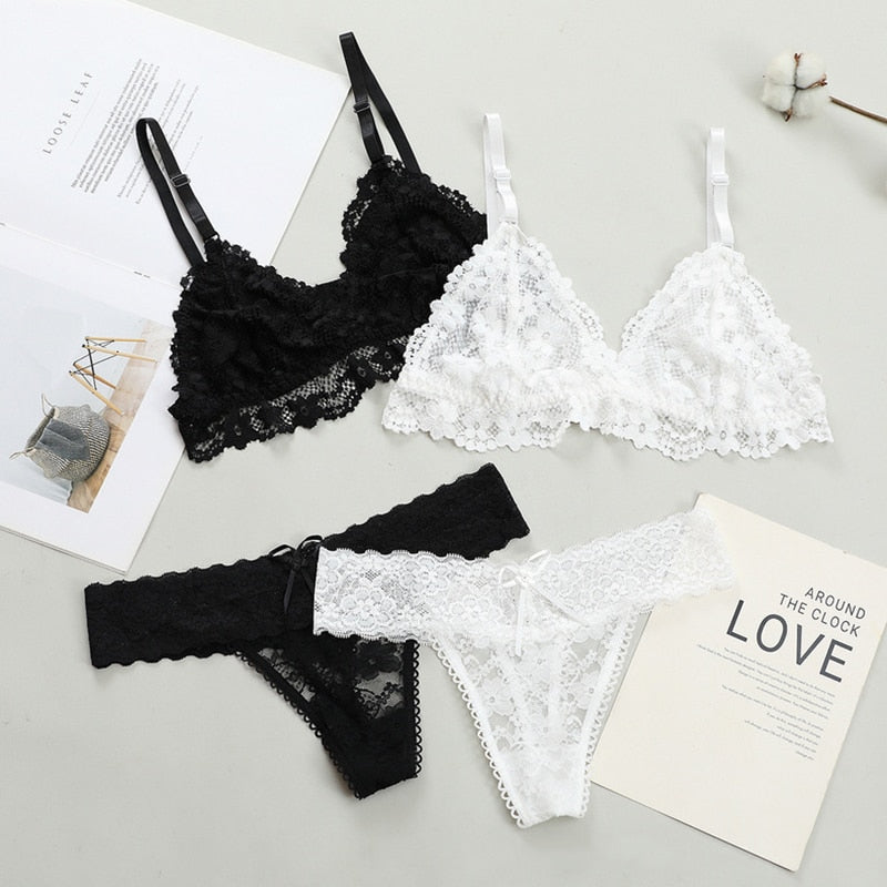 Women Lace Bra Briefs Set Sexy Wire Free Lingerie Hollow Out G-String Bra Set Female Transparent Seamless Intimate Underwear Set - Sabreeonline