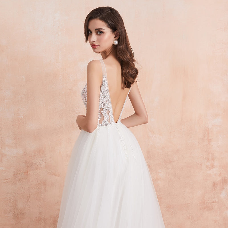 White Ivory Sexy High Splits Beaded Beading Pearls Crystal A Line Backless