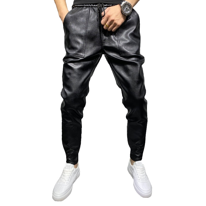 New Winter Thick Warm PU Leather Pants Men Clothing 2023 Simple Big Pocket Windproof Casual Motorcycle Trousers Black Plus Size - Sabreeonline
