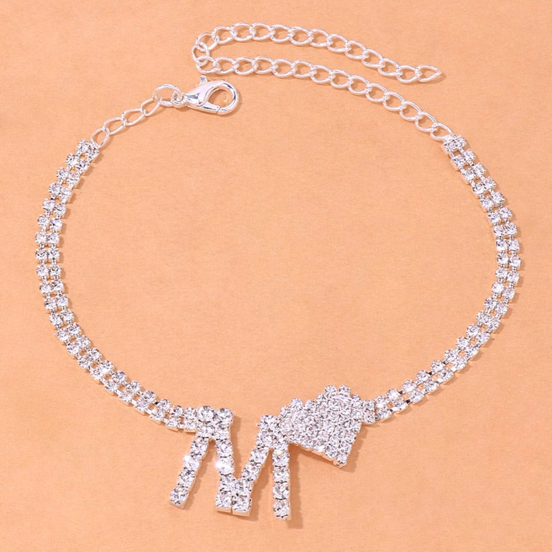 Letter Heart Rhinestone Anklet Chain Double Layer - Sabreeonline