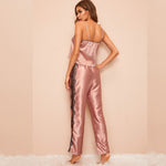 Two Pieces Satin Pajama Set V-Neck Pyjamas Cute Camisole Top and Pants Soft Sleepwear Hollow Out Lace Loungewear - Sabreeonline